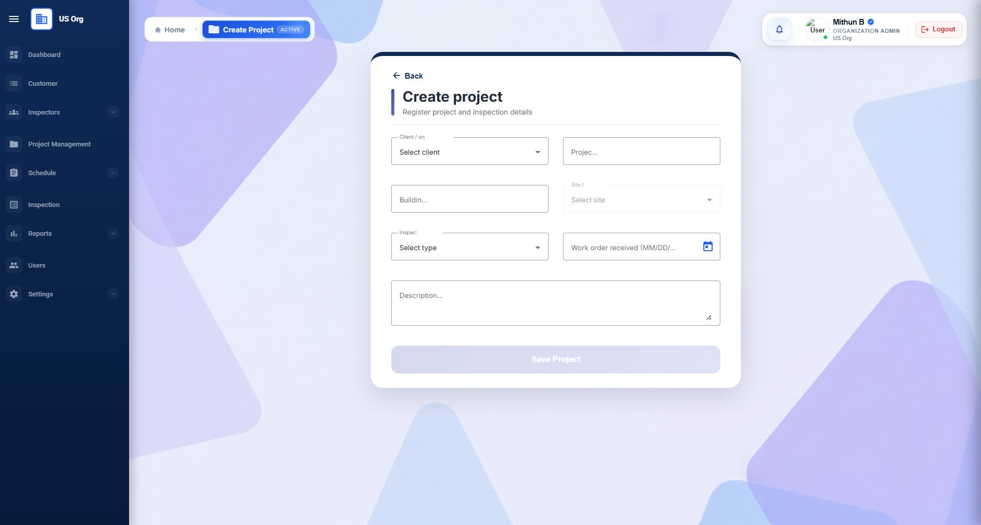 Create Project form with client, project name, building, site, inspection type, and work order date fields