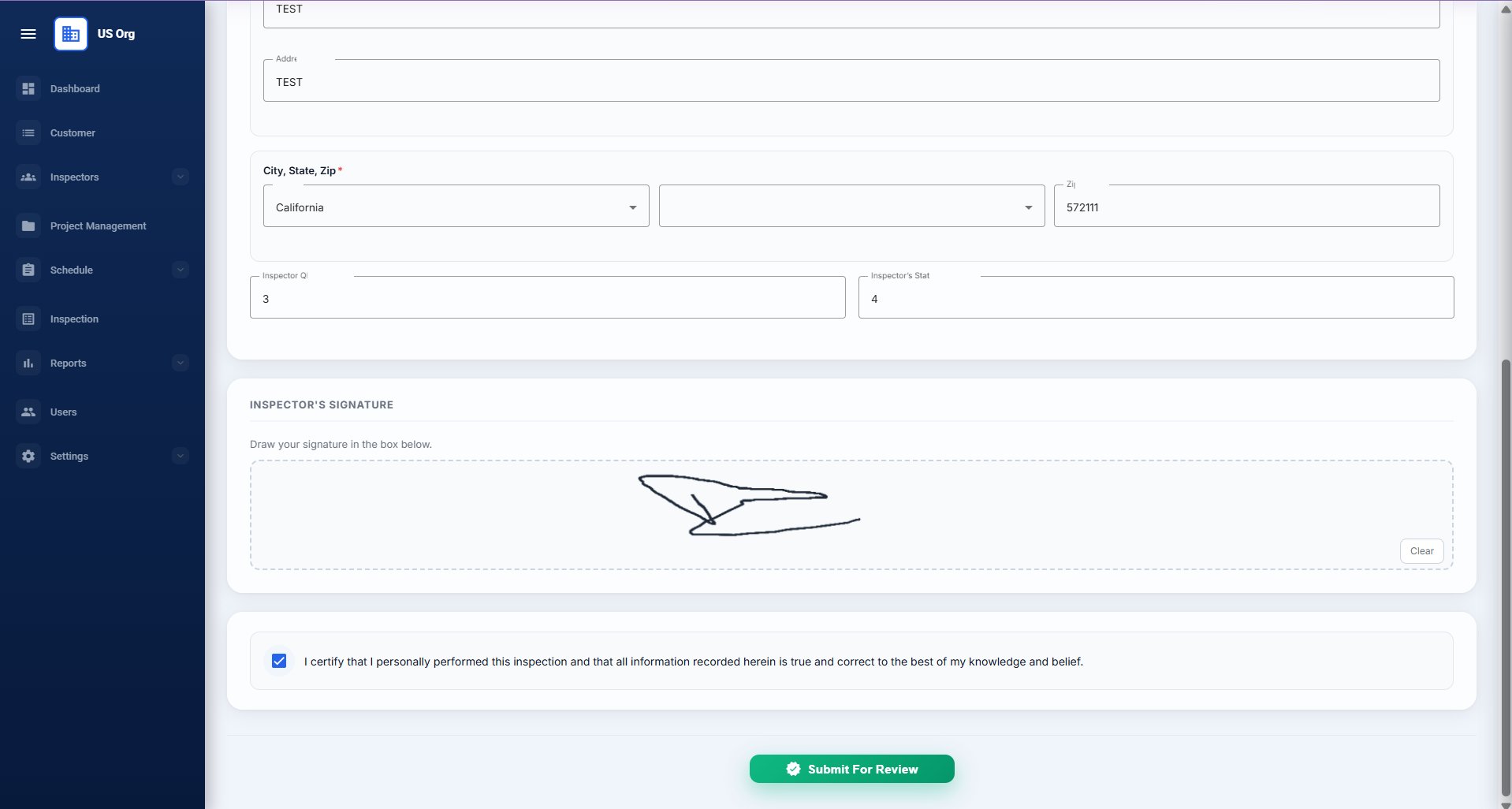 Lower portion of Inspector Sign-off showing City/State/Zip, QEI number, state license number, signature pad, certification checkbox, and Submit For Review button
