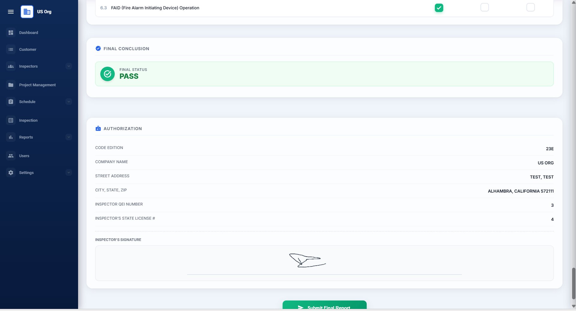 Review screen showing Final Conclusion PASS status and Authorization section with inspector credentials and signature