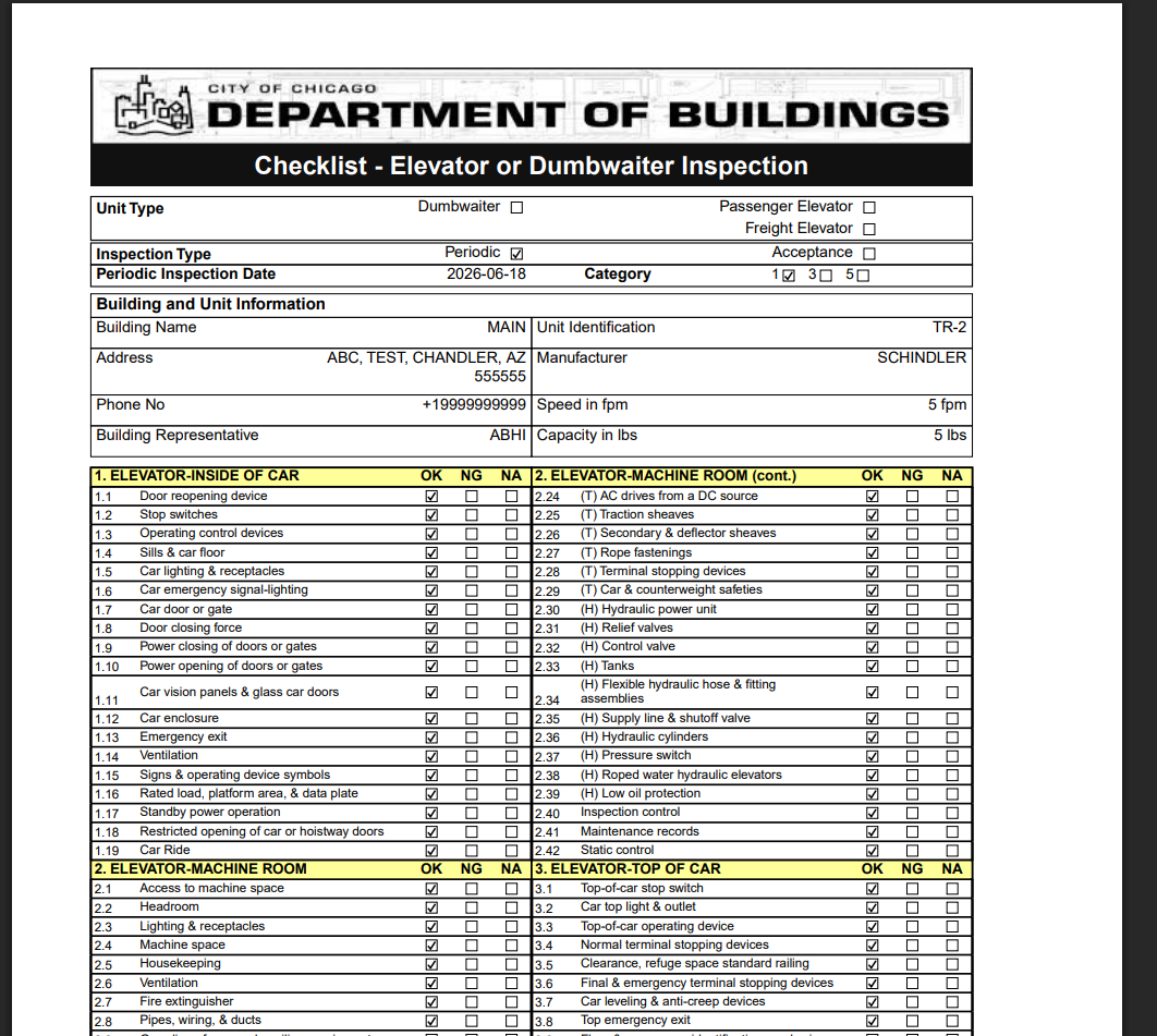PDF inspection report showing Department of Buildings header, checklist title, building details, and all checklist results in tabular format