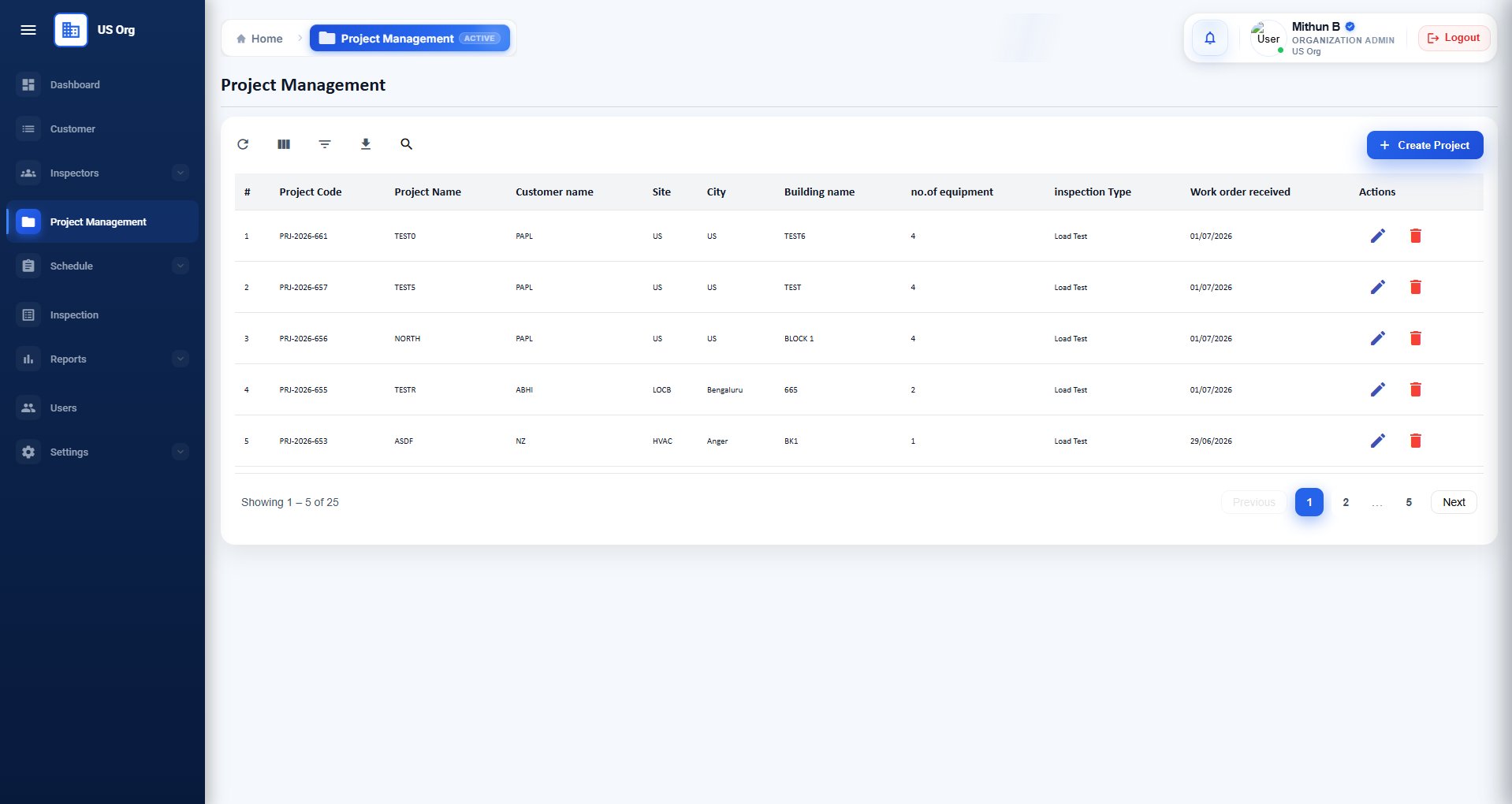 Project Management list showing all projects with codes, names, clients, and inspection types