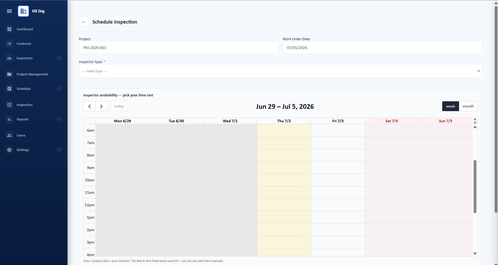 Schedule inspection screen showing project, work order date, inspector type selector, and weekly calendar