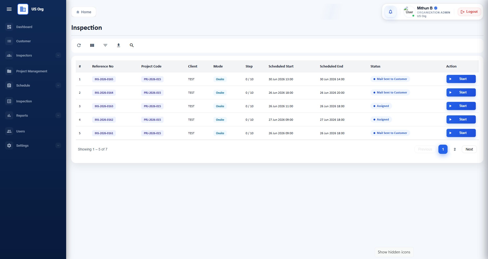 Inspection queue showing list of assigned inspections with reference numbers, project codes, and Start buttons