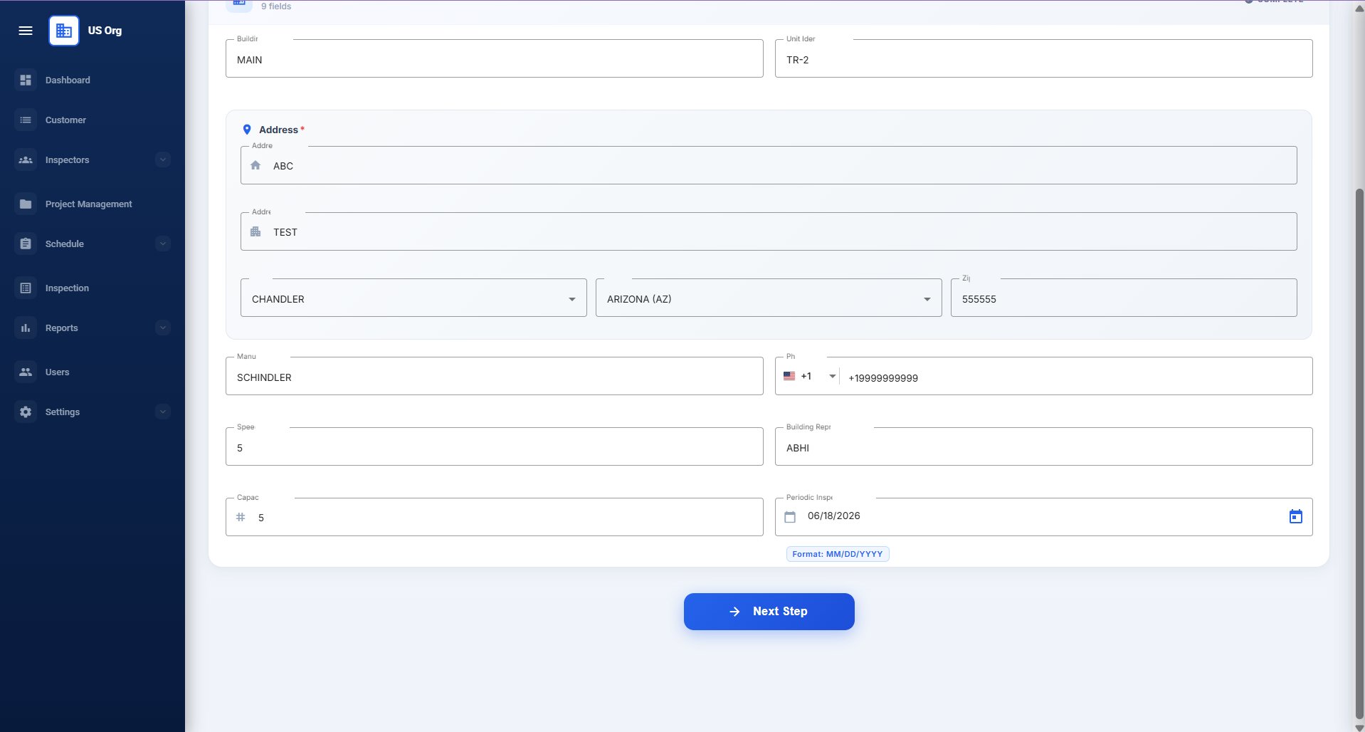 Lower portion of Building Info form showing capacity, periodic inspection date, and Next Step button