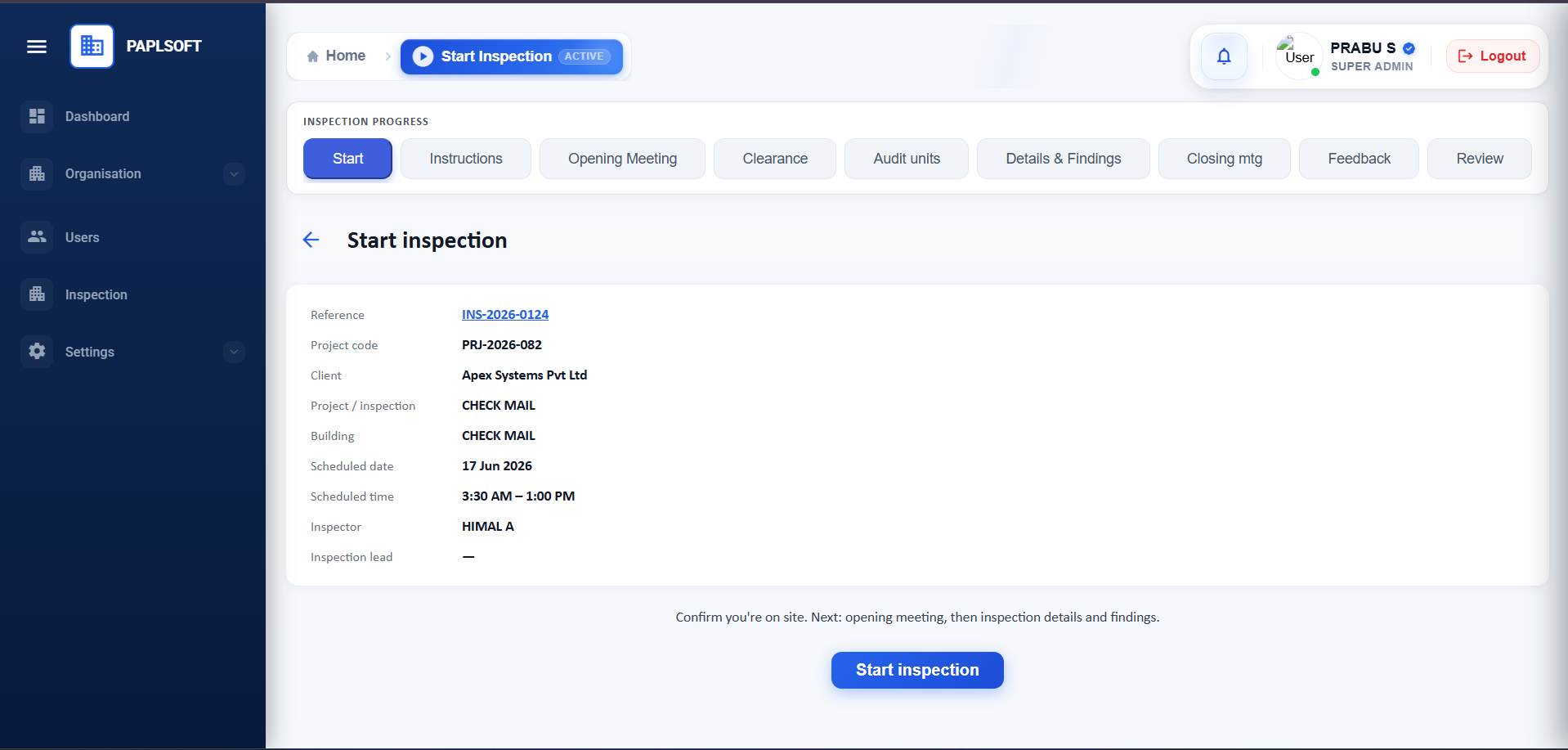 Start inspection screen showing assignment details