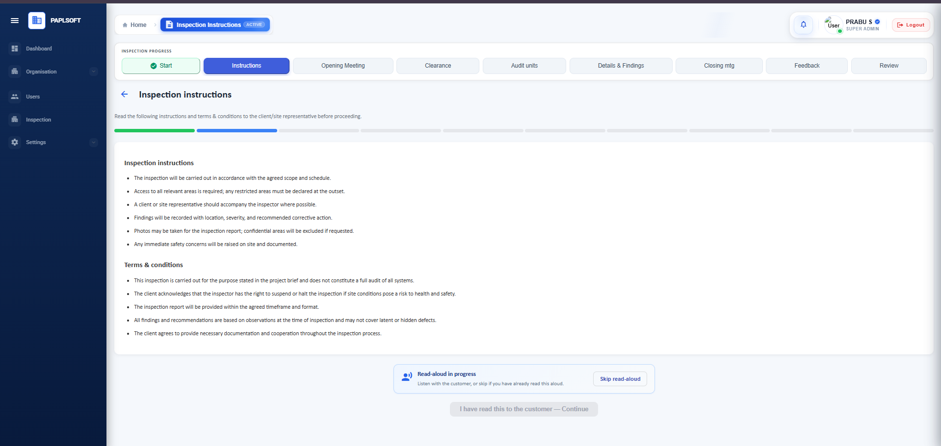 Inspection instructions screen with terms and conditions