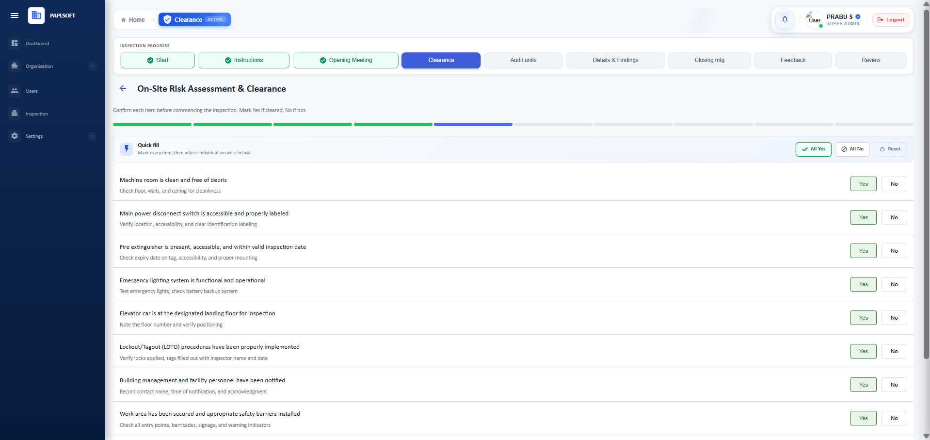 Risk assessment clearance checklist with Yes/No buttons