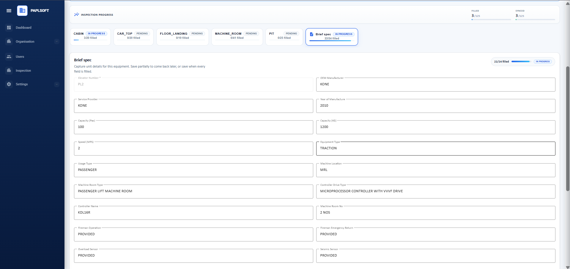 Brief spec form with elevator technical specification fields