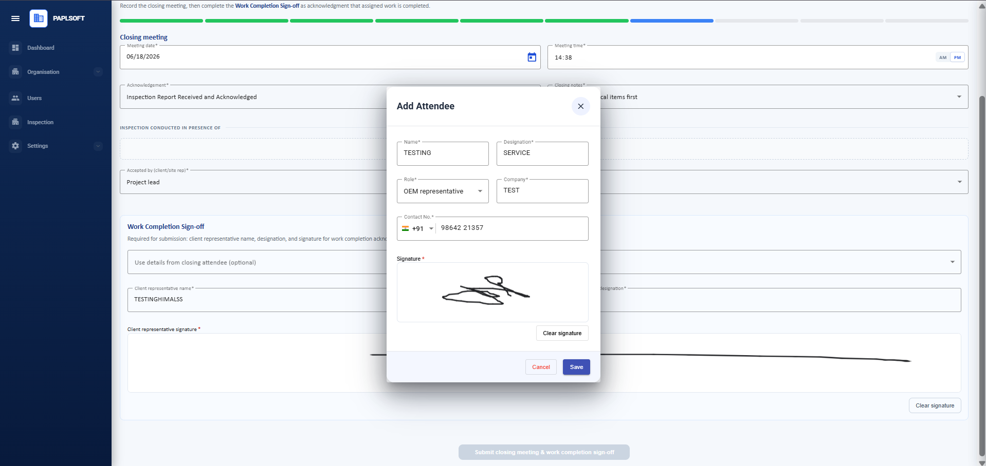 Add attendee dialog during closing meeting with signature pad