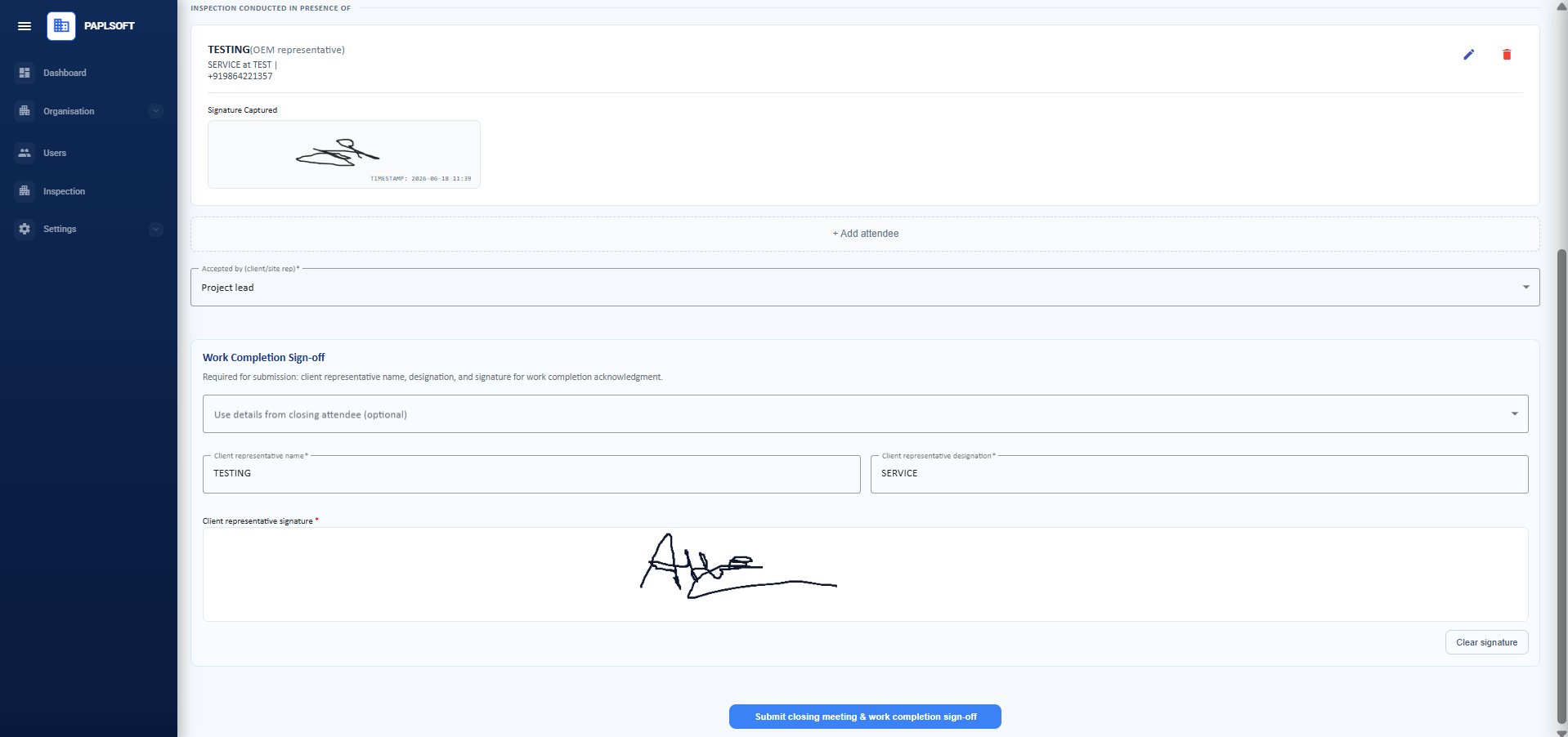 Work completion sign-off with client signature captured