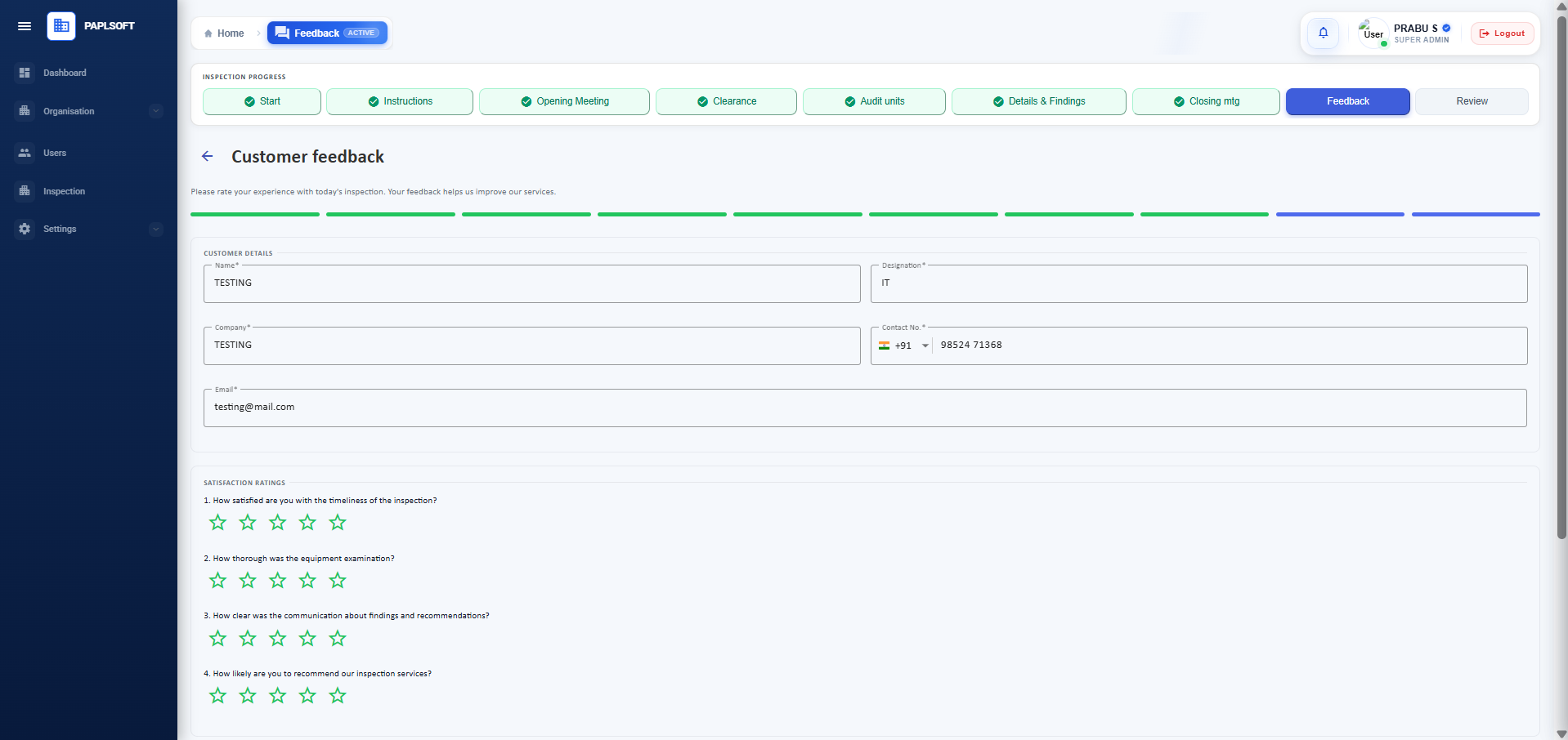 Customer feedback form with star ratings for four satisfaction questions