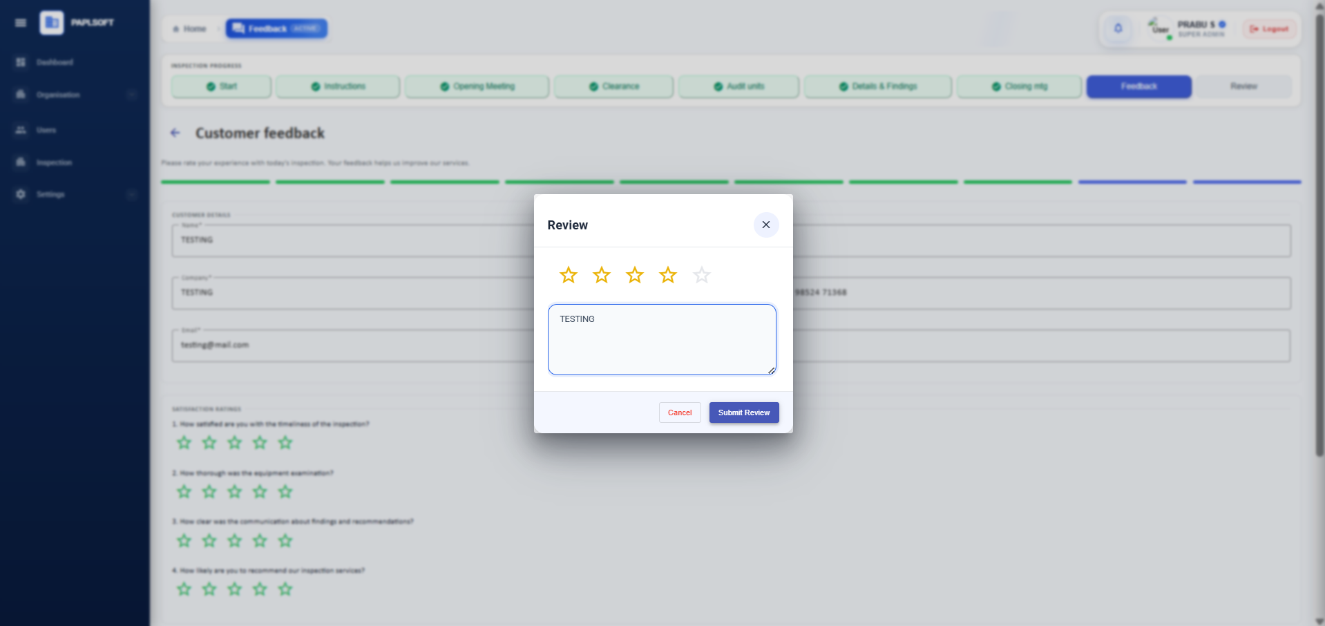 Review dialog with star rating and text comment field
