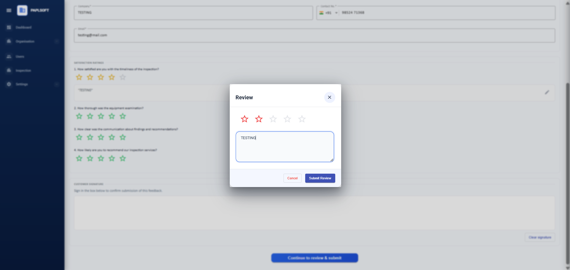 Completed feedback form showing all four star ratings with comments