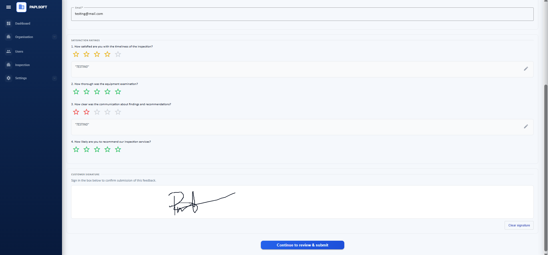 Customer feedback page with signature captured at the bottom