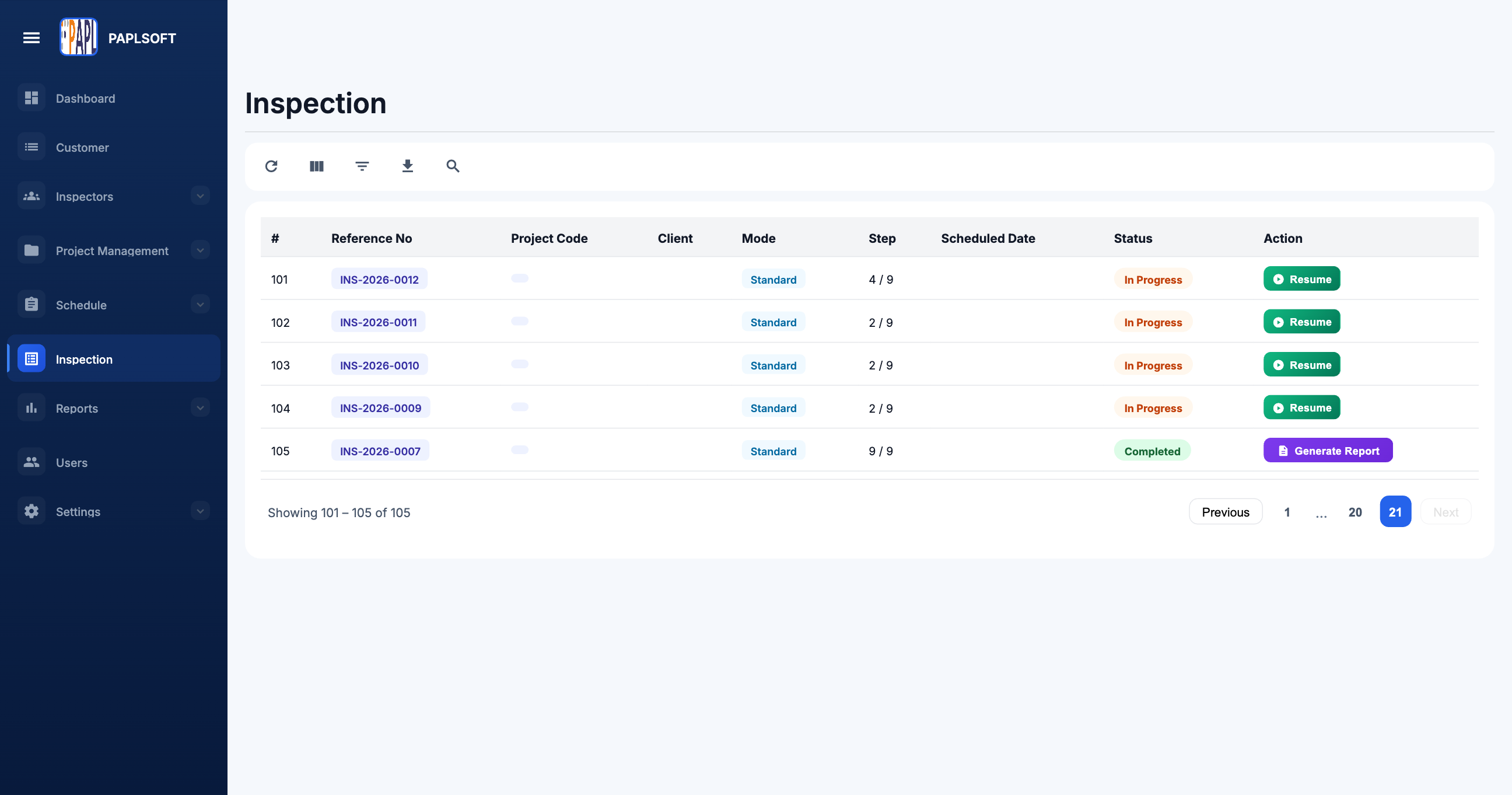 Inspection queue showing a Completed inspection with Generate Report button in the Action column
