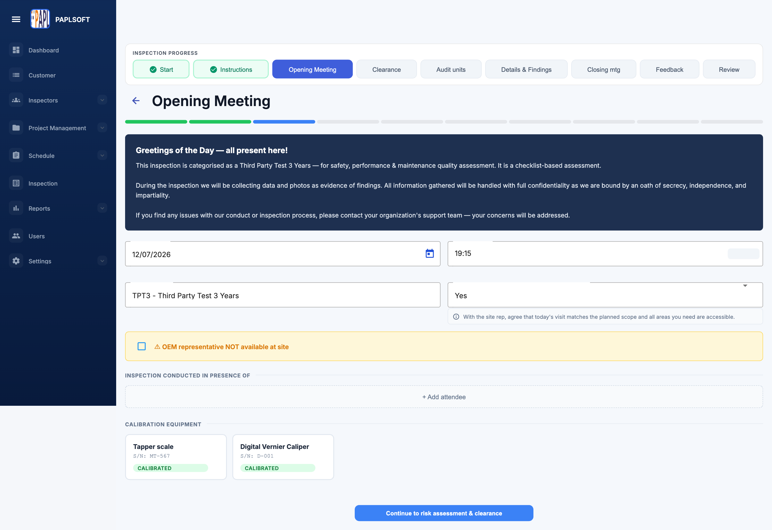 Opening Meeting page showing greeting, meeting date/time, inspection type, scope confirmation, OEM checkbox, attendees, and calibration equipment