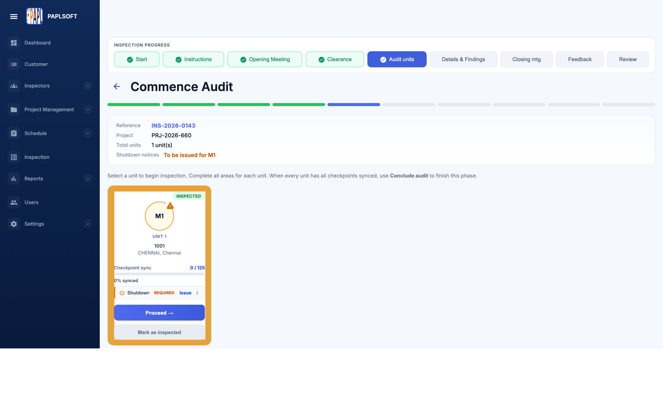 Commence Audit page showing unit card with circular checkpoint sync progress, Proceed and Mark as inspected buttons