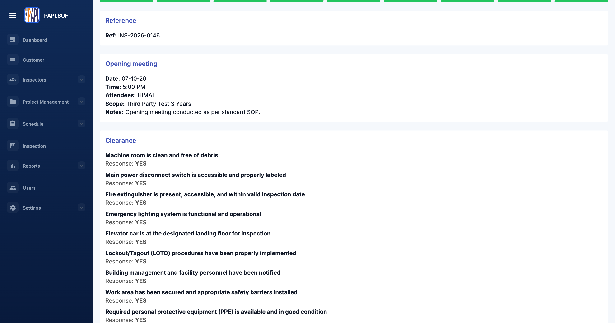 Review page showing Certificates of Inspection section with Generate certificate button and Key Abstract of Observations with View and Regenerate buttons
