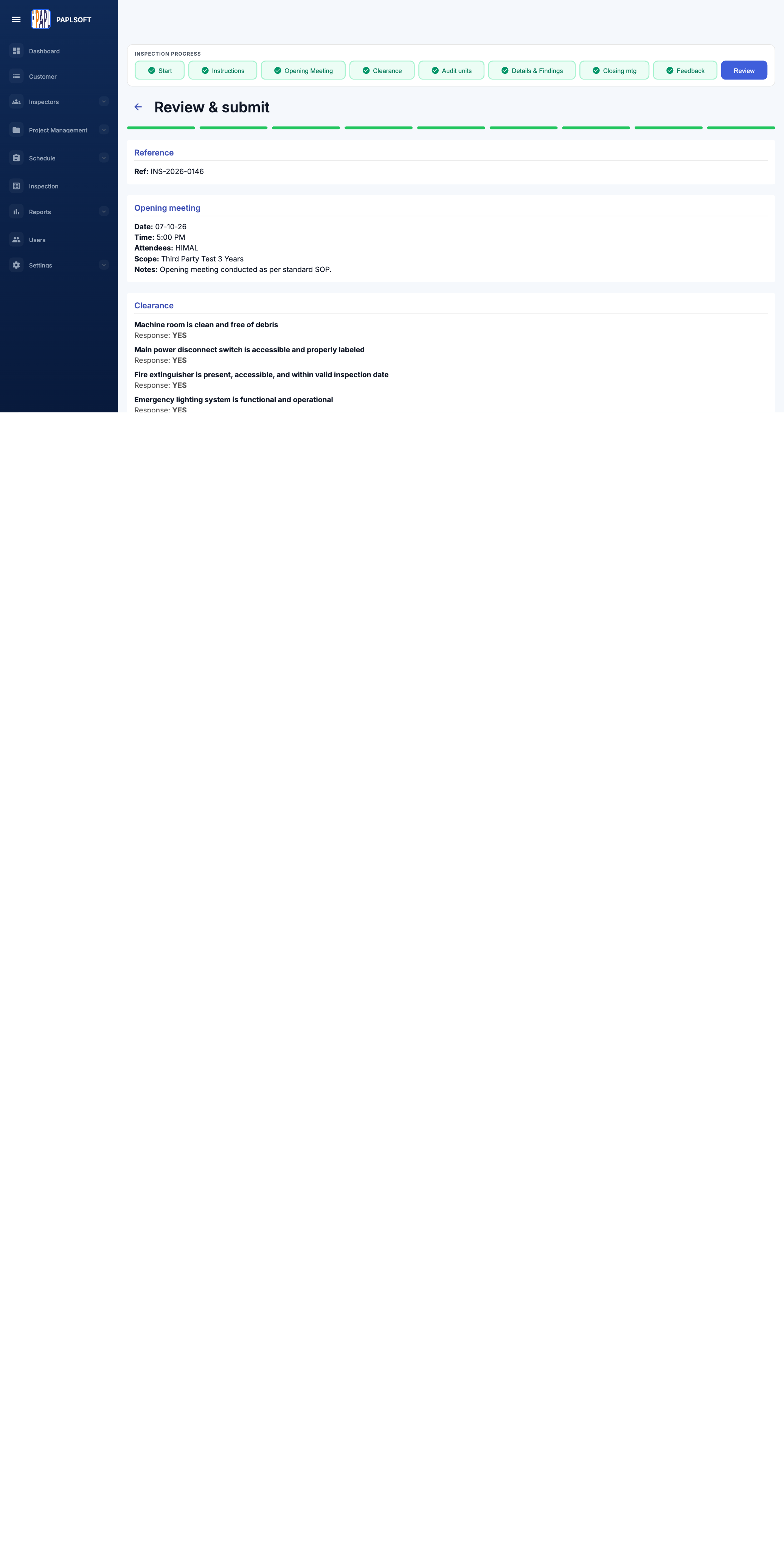 Review and submit page showing all 9 stages complete in the progress bar and a full summary of the inspection