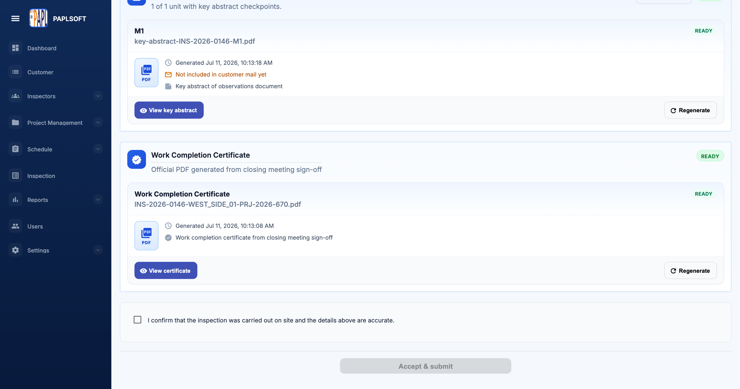 Bottom of review page showing Work Completion Certificate with View certificate button, the on-site confirmation checkbox, and the Accept and submit button