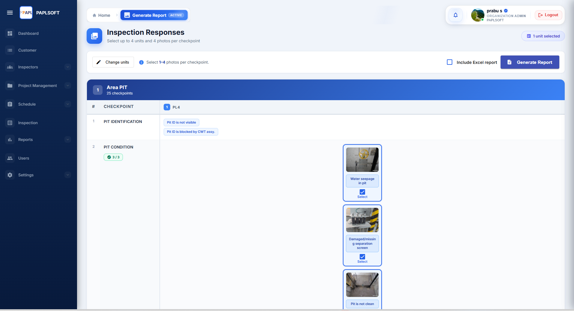 Inspection Responses page showing checkpoint list with observation tags and photo selection thumbnails per checkpoint