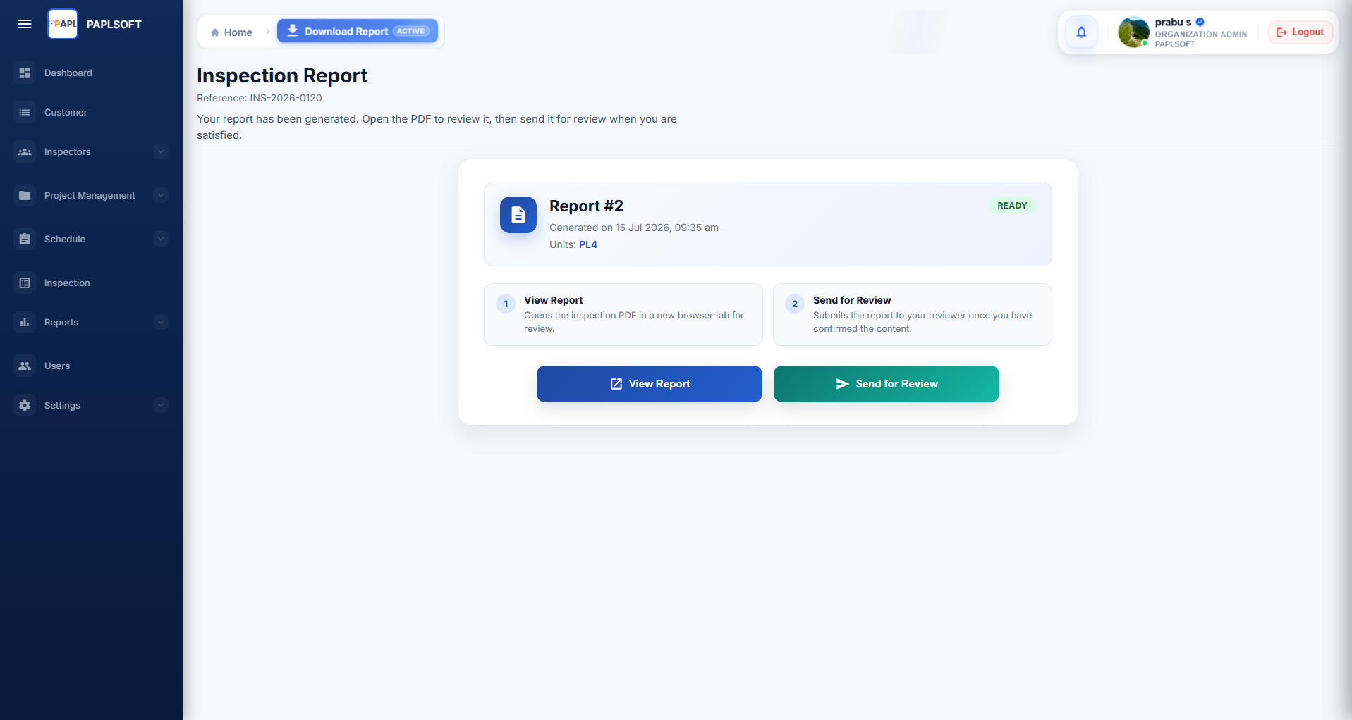 Inspection Report page showing Report #2 with READY status and View Report / Send for Review buttons